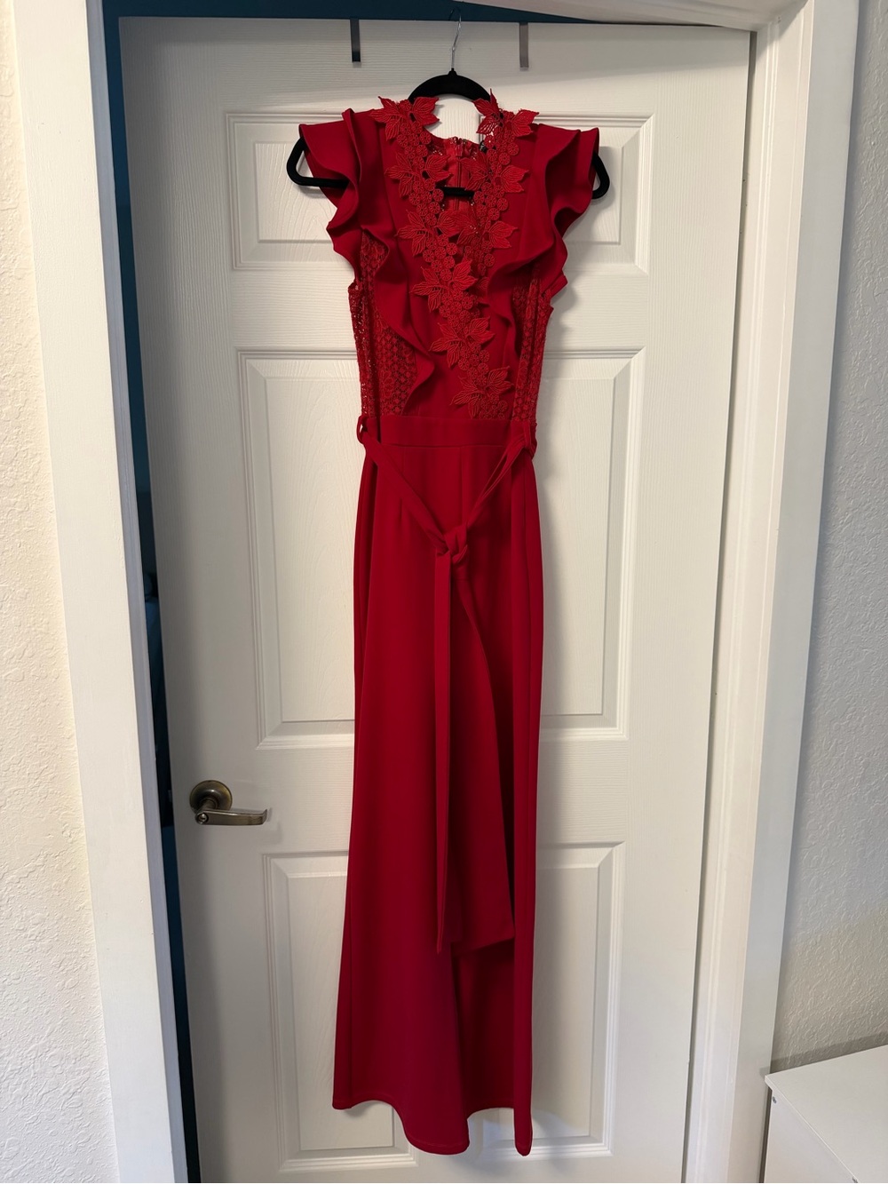 Fashion Nova Red Floral Lace Ruffle Maxi Dress